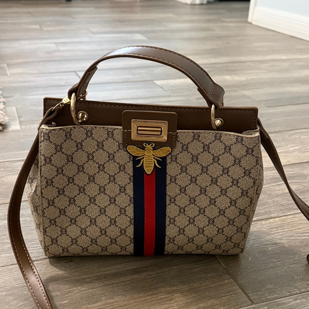 Designer-Inspired Brown Canvas Top-Handle Bag with Bee Emblem